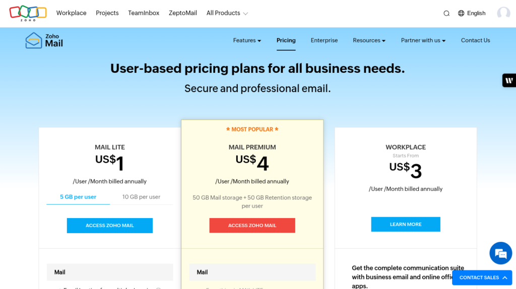 zoho mail pricing or plan